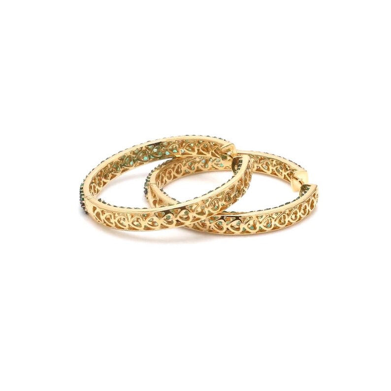 Thumbnail: Inside Outside Studded Emerald & Diamond Big Hoops Earrings In14k Yellow Gold