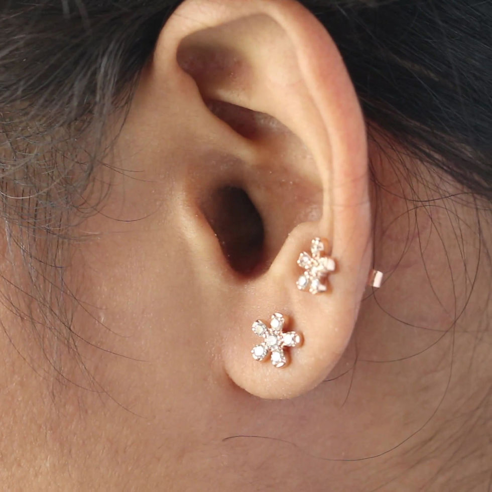 Thumbnail: 14k Solid Yellow Gold Floral Diamond Tiny Studs Earrings Fine Women's Jewelry