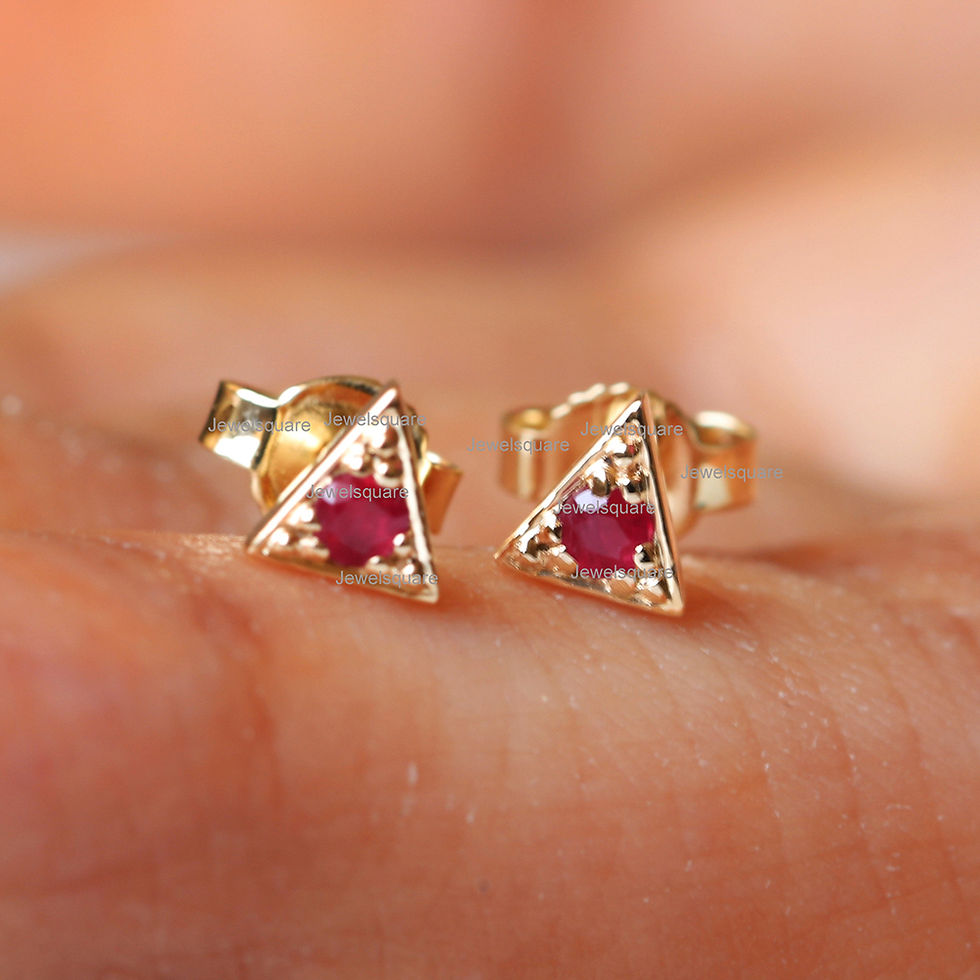 Thumbnail: 14k Solid Yellow Gold Solitaire Ruby Gemstone Tiny Triangle Stud Earrings