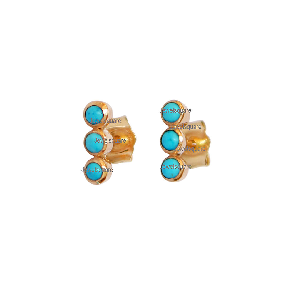 Thumbnail: 3 Stone Arizona Turquoise Bar Studs in 14K Yellow Gold Earring.