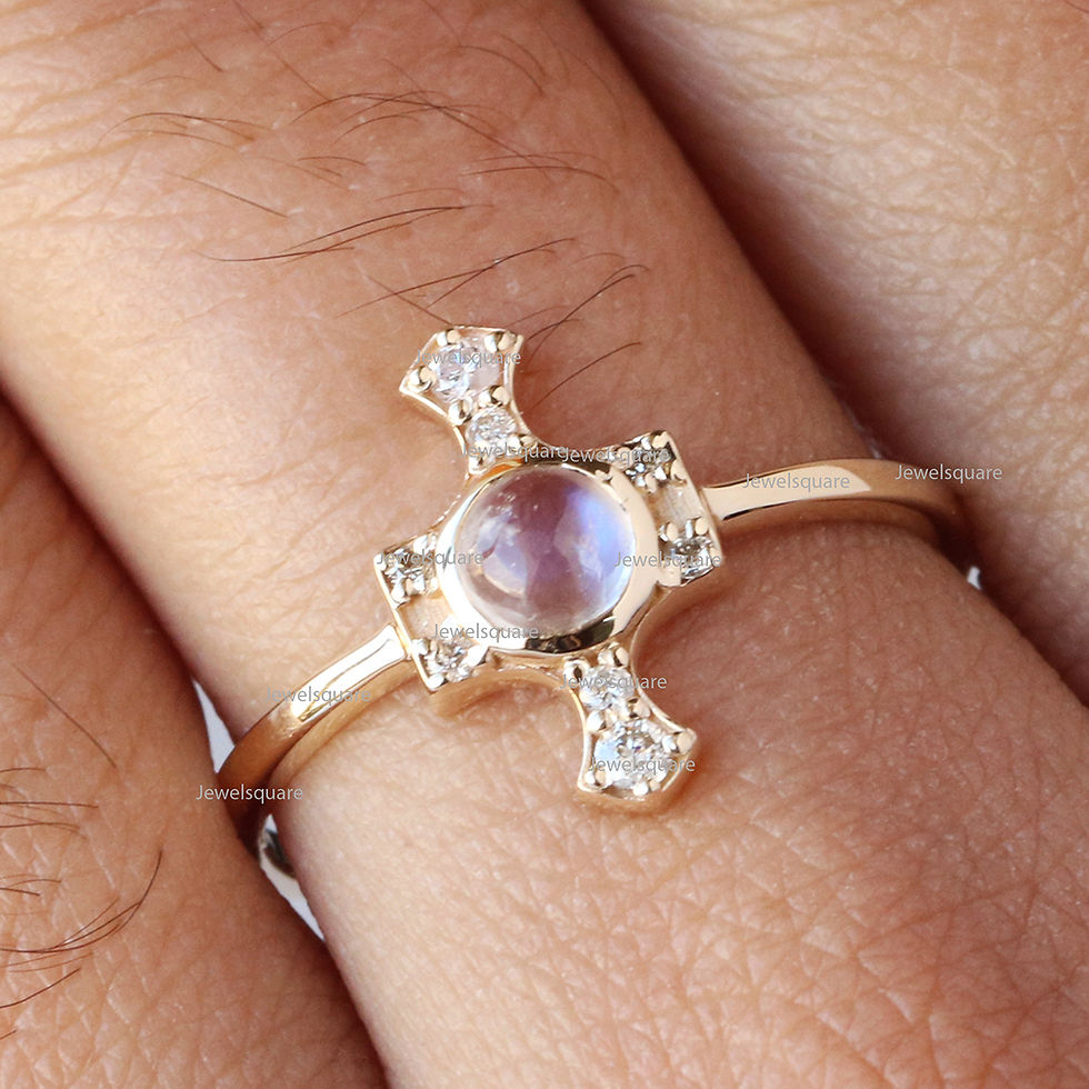 Thumbnail: Bezel Rainbow Moonstone & Diamonds Ring In Solid 14k Yellow Gold