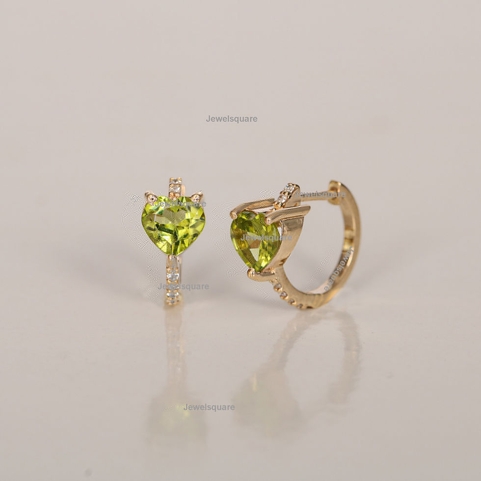 Thumbnail: Natural Heart Shape Peridot & Diamonds Hoop Earring in 14k Solid yellow Gold