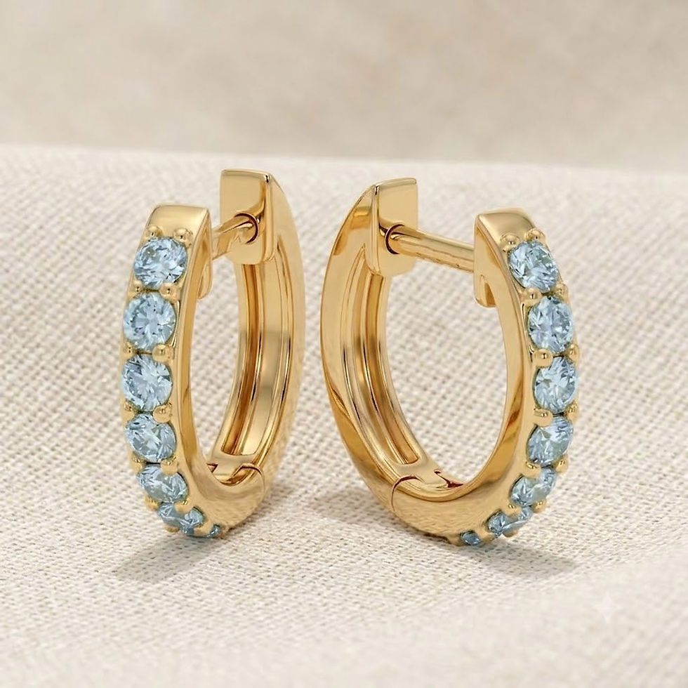 Thumbnail: Solid 14K Yellow Gold Aquamarine Huggie Hoop Earrings ,Wedding Gift Jewelry