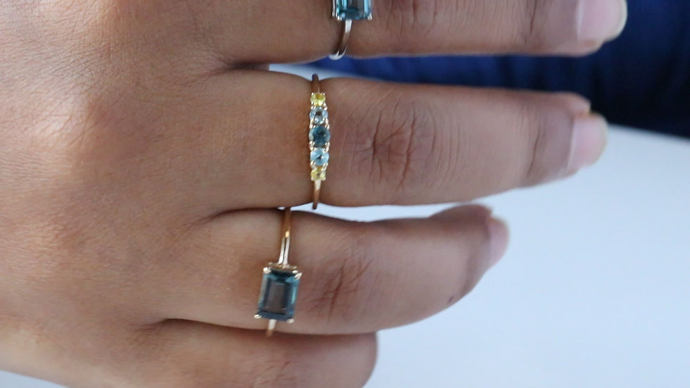 Thumbnail: 14k Solid Yellow Gold Delicate Ring, Real Blue Topaz 5 Stone & Peridot Ring