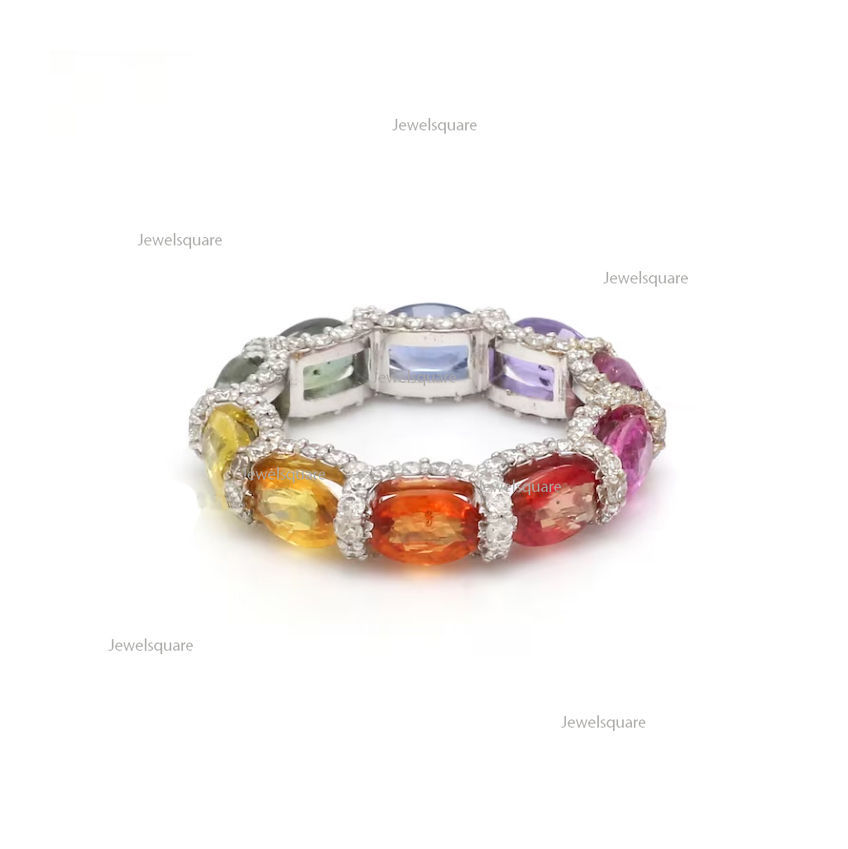 Thumbnail: Oval Shape Rainbow Sapphire With Diamonds Eternity Band, 14K Yellow Gold Ring