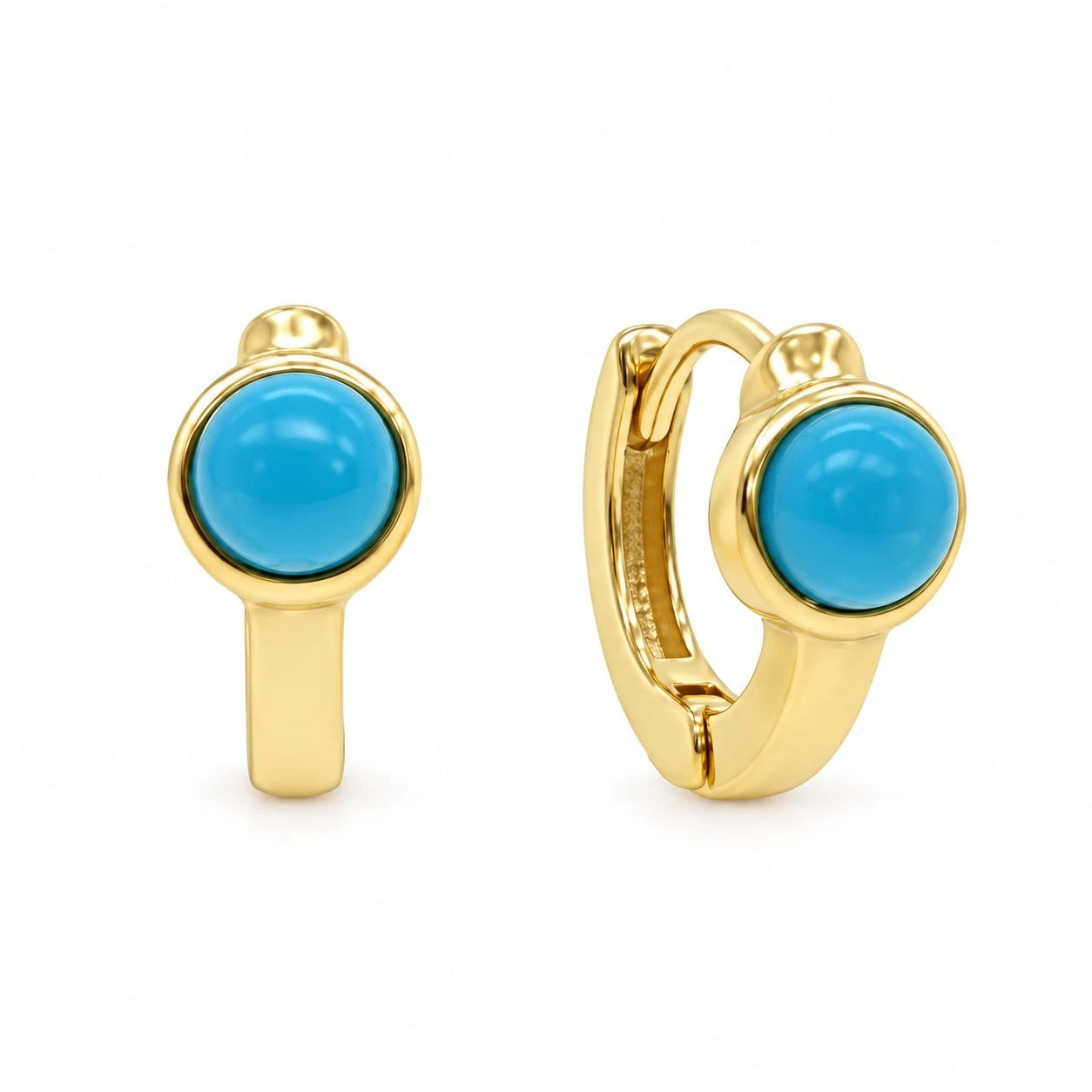 Solitaire Turquoise Drop Hoop Earrings In Solid 14k Yellow Gold Bezel Set Hoops
