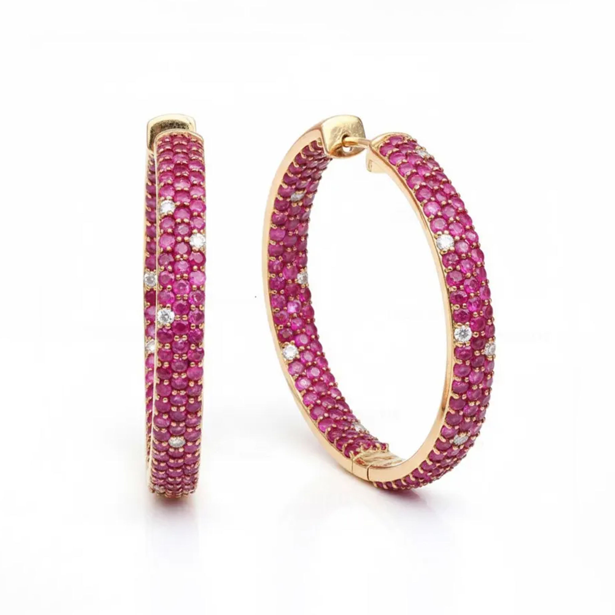 Studded Pink Sapphire & Diamond Inside Outside Big Hoops Earrings,14kYellow Gold