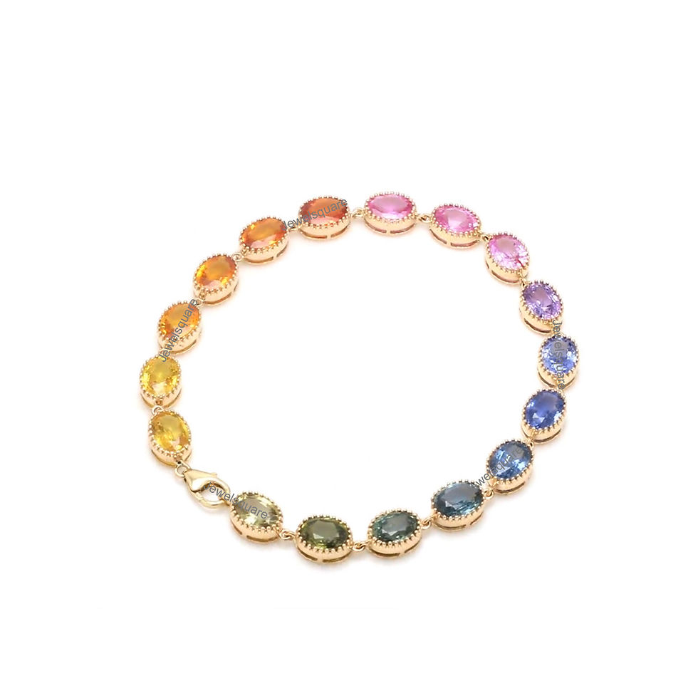 Thumbnail: Natural Oval Rainbow Sapphire Milgrain Setting tennis Bracelet in 14K YellowGold
