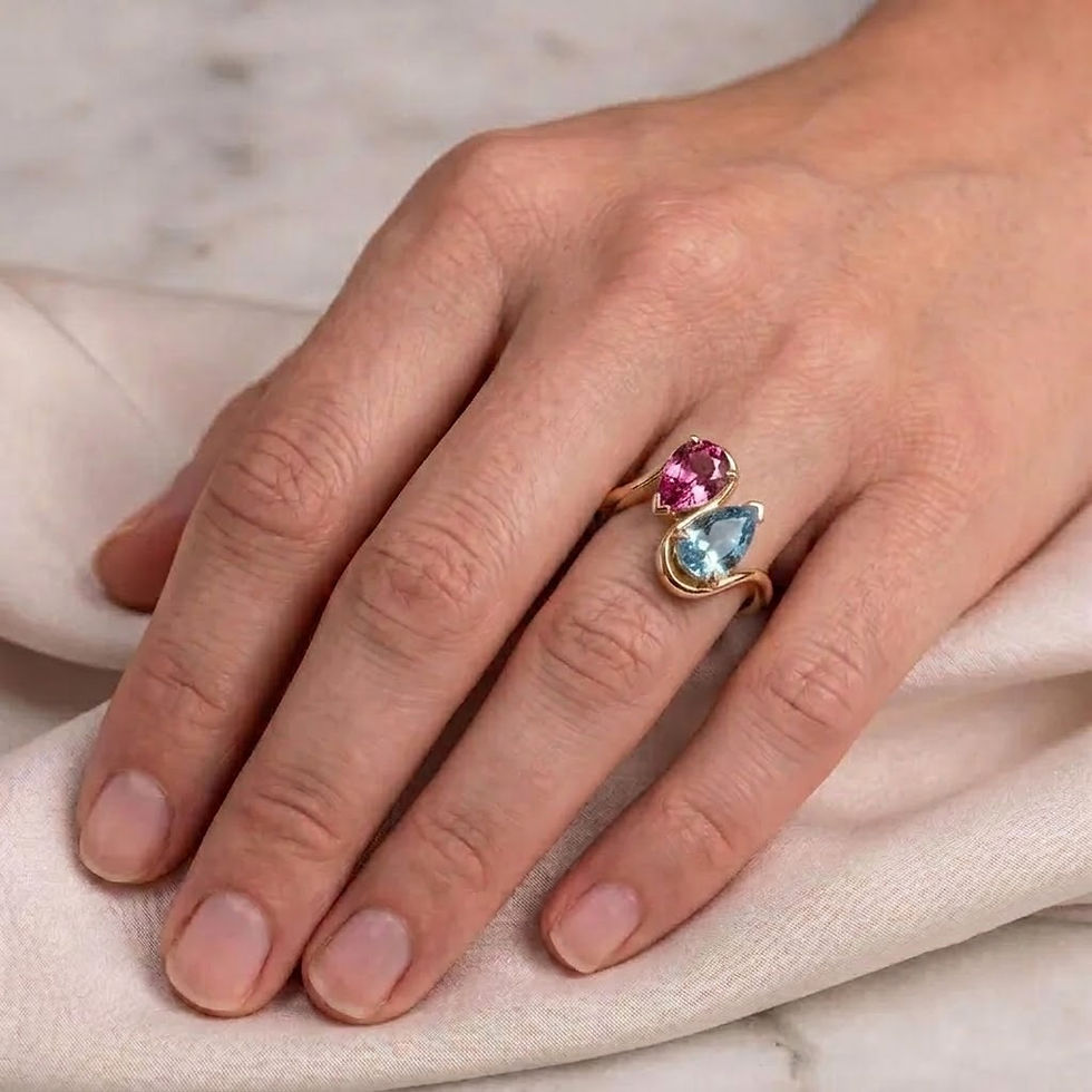 Thumbnail: Pear Aquamarine &Pink Sapphire Toi et Moi Ring, Solid 14KYellow Gold Bypass Ring