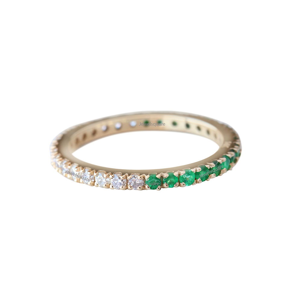 Thumbnail: Genuine Half Emerald & Natural Half Diamonds Eternity Band in 14k Yellow Gold