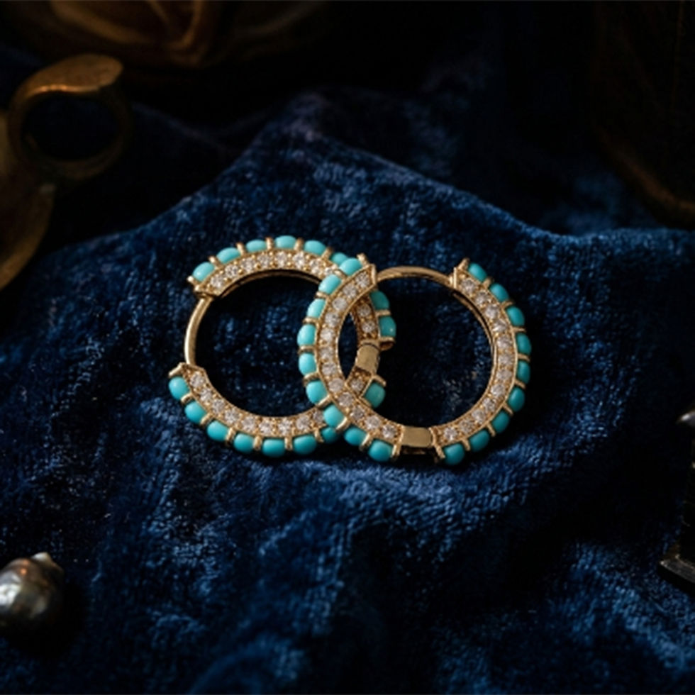 Thumbnail: Turquoise & Diamond Hoop Earrings Solid 14K Yellow Gold Birthday Gift For Women