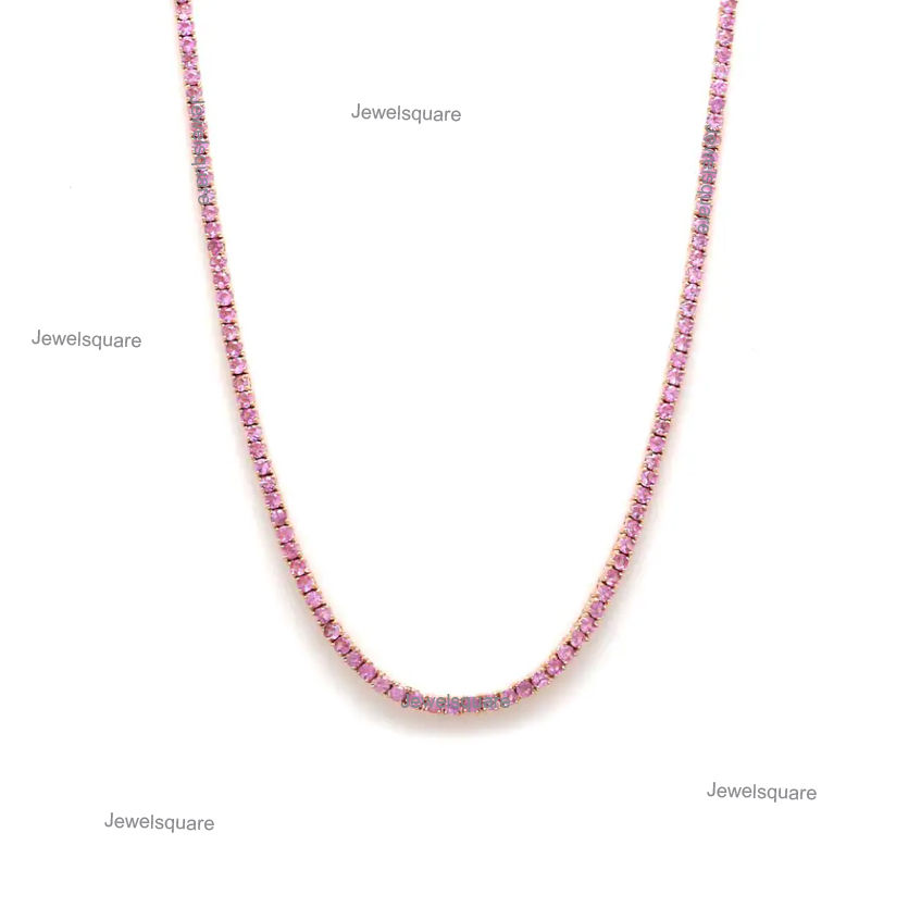 Thumbnail: Natural Pink Sapphire 14K Solid Yellow Gold Tennis Eternity Necklace