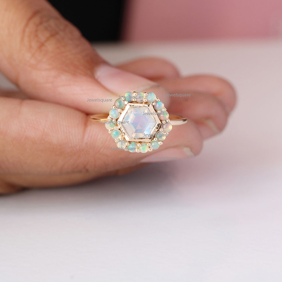 Thumbnail: Hexagon Moonstone And Opal Gemstone 14k Yellow Gold Ring