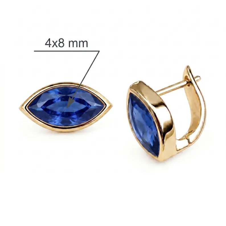 Thumbnail: Solitaire Blue Sapphire Marquise Hoop Earrings 14KYellow Gold Lever Back Jewelry
