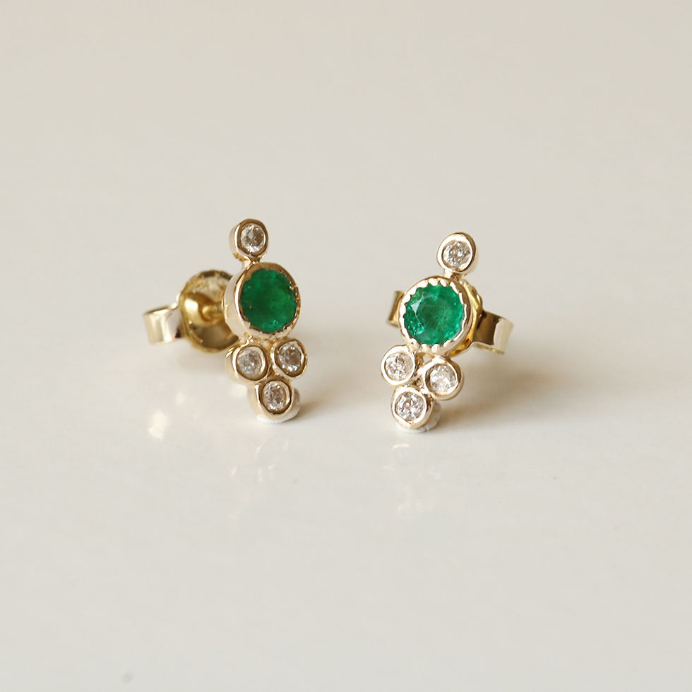 Thumbnail: Solid 14k Yellow Gold Emerald & Diamond Studs In 14k Milgrain Cluster Studs.