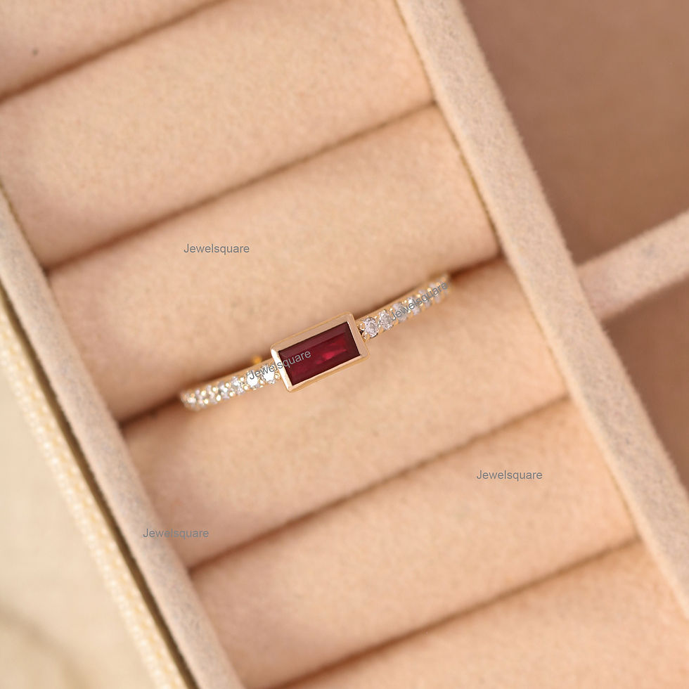 Thumbnail: Natural Baguette Ruby & Diamond Half Eternity Ring, 14k Yellow Gold Gift For Her