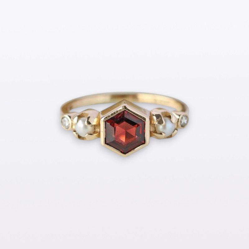 6mm Hexagon Real Garnet, 3mm Pearl & Natural Diamond Engagement Ring 14k Gold