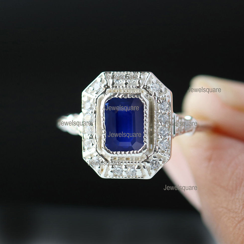 Thumbnail: 7x5mmNatural Octagon Blue Sapphire & Diamond Holo Band Ring Solid 14k White Gold