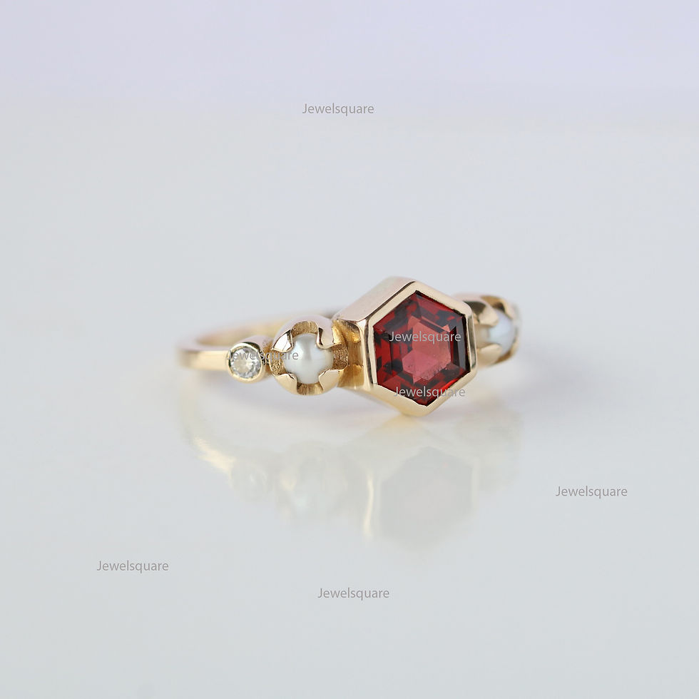 Thumbnail: 6mm Hexagon Real Garnet, 3mm Pearl & Natural Diamond Engagement  Ring 14k Gold