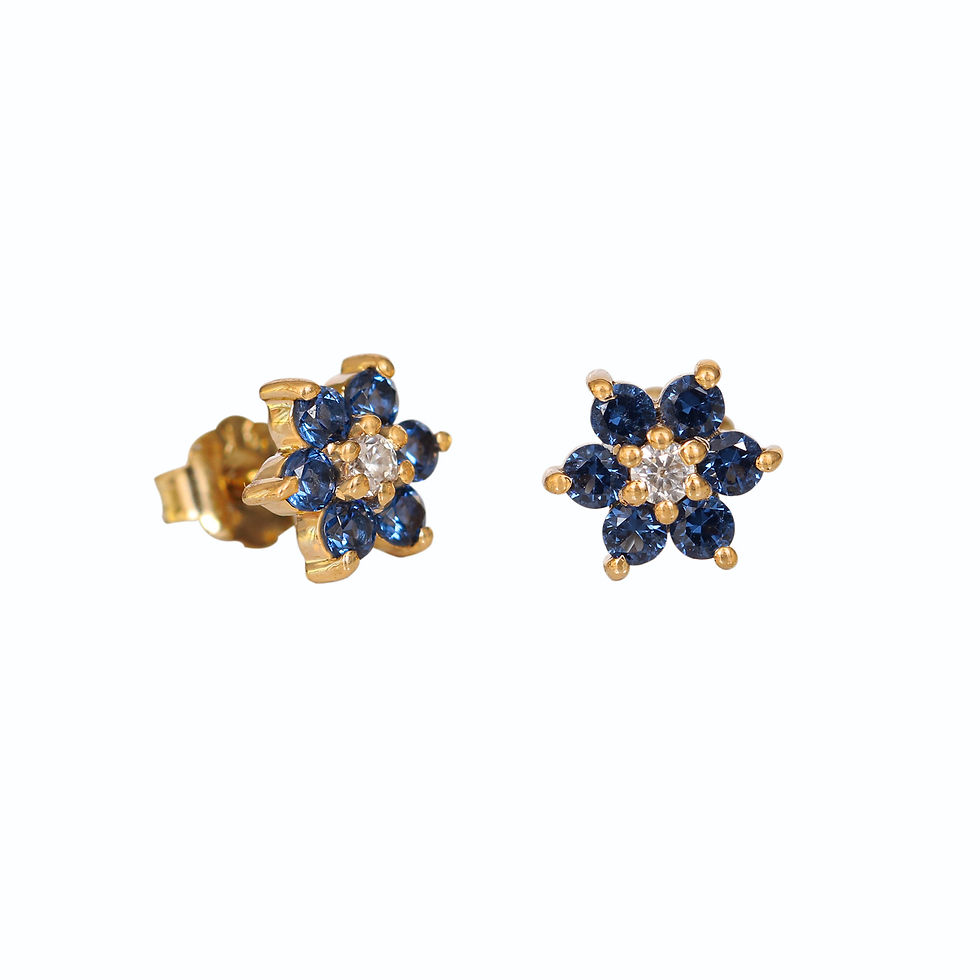 Thumbnail: Natural Blue Sapphire& Diamond Flower Stud, 14k Solid Yellow Gold Floral Earring