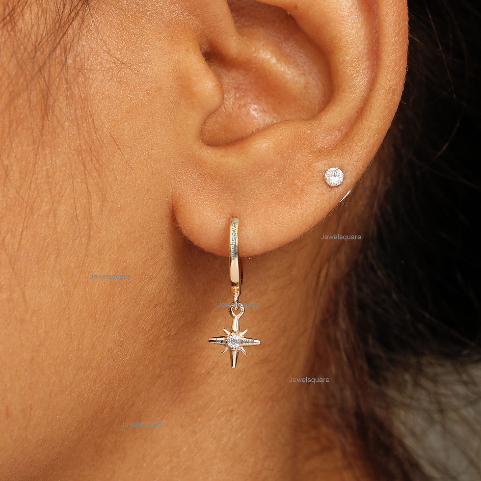 Thumbnail: 14k Solid Yellow Gold Star Drop Hoop Earrings, Natural Diamond Huggie Hoops