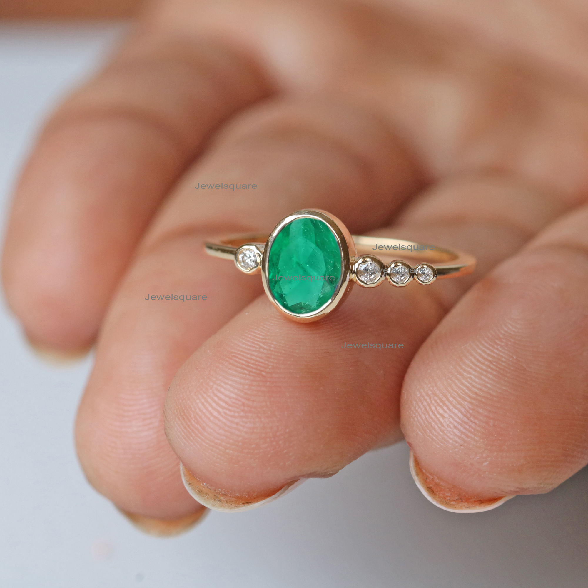 14k Yellow Gold Oval Emerald & Diamond Bezel Ring