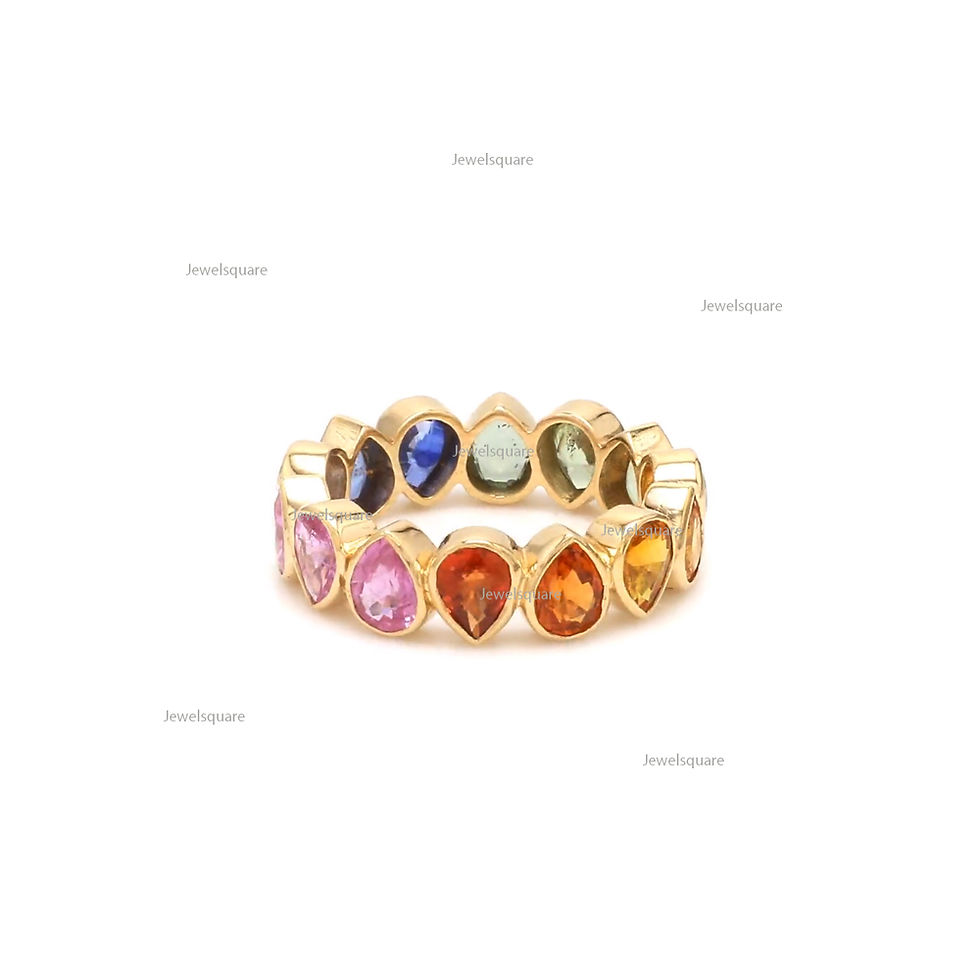 Thumbnail: Rainbow Sapphire Pear Cut Bezel Set Eternity Ring 14k Yellow Gold, Handmade Fine