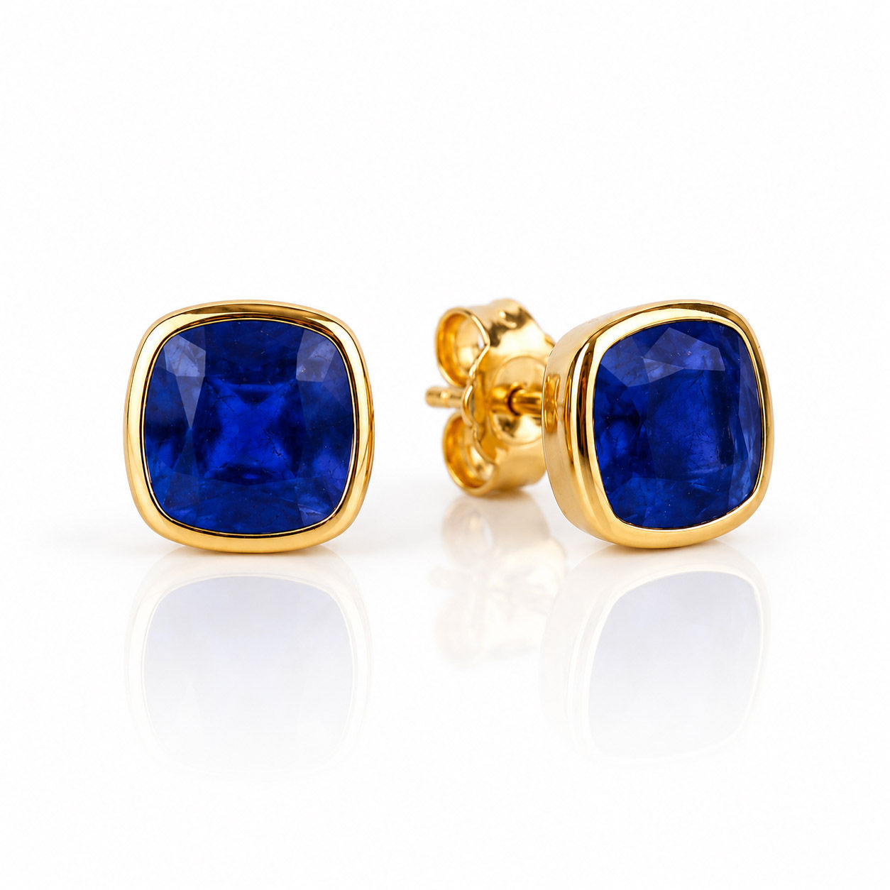 Solid 14kYellow Gold Solitaire Cushion Blue Sapphire Studs Earrings