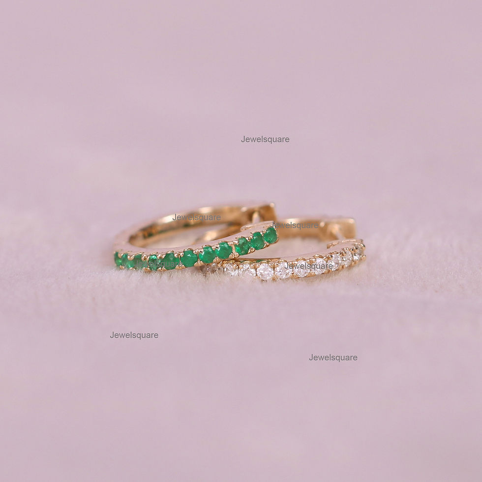 Thumbnail: Emerald & Diamond Reversible Hoop Earrings, 14k Yellow Gold Double Side Hoops