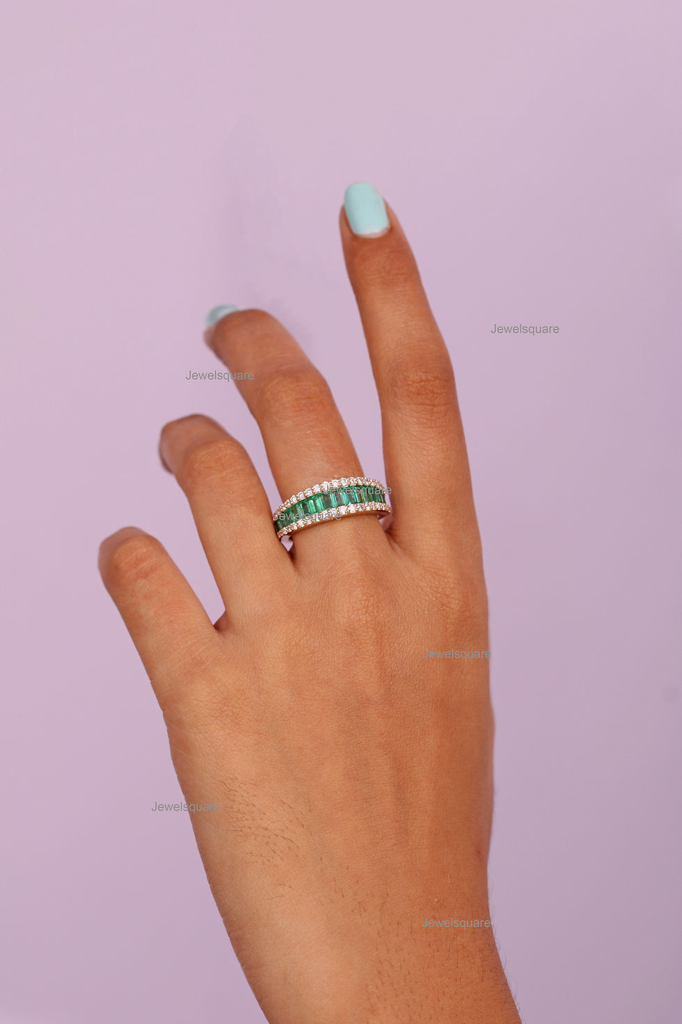 Thumbnail: Octagon Emerald & Diamond Triple Layer Half Eternity Wedding Band 14kYellow Gold