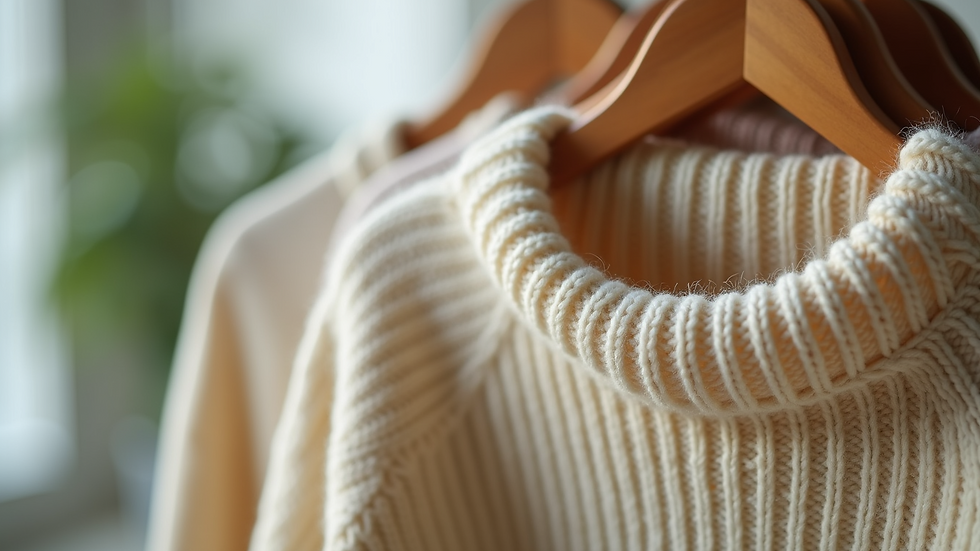 Eye-level view of a soft knit sweater with ribbed texture hanging on a wooden hanger