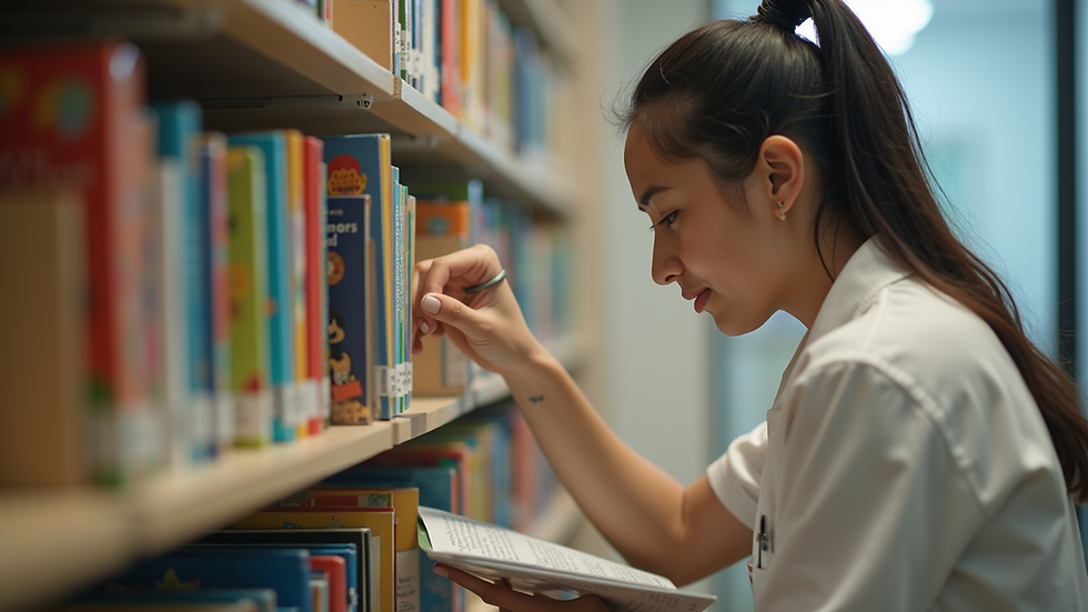 Eye-level view of a caregiver organizing children's books on a shelf