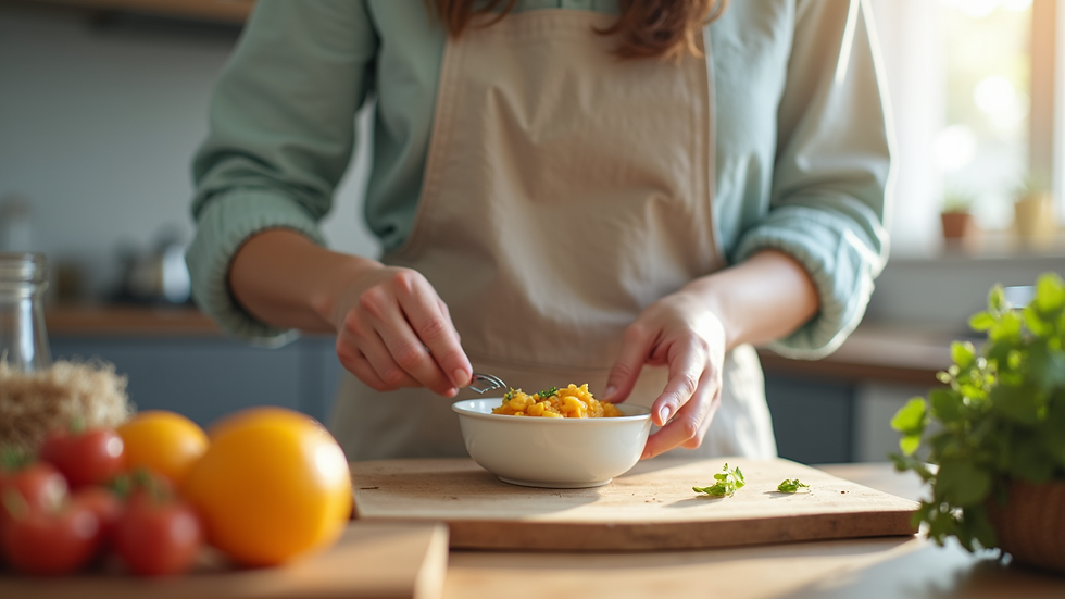 Close-up view of a caregiver preparing a healthy snack in a kitchen