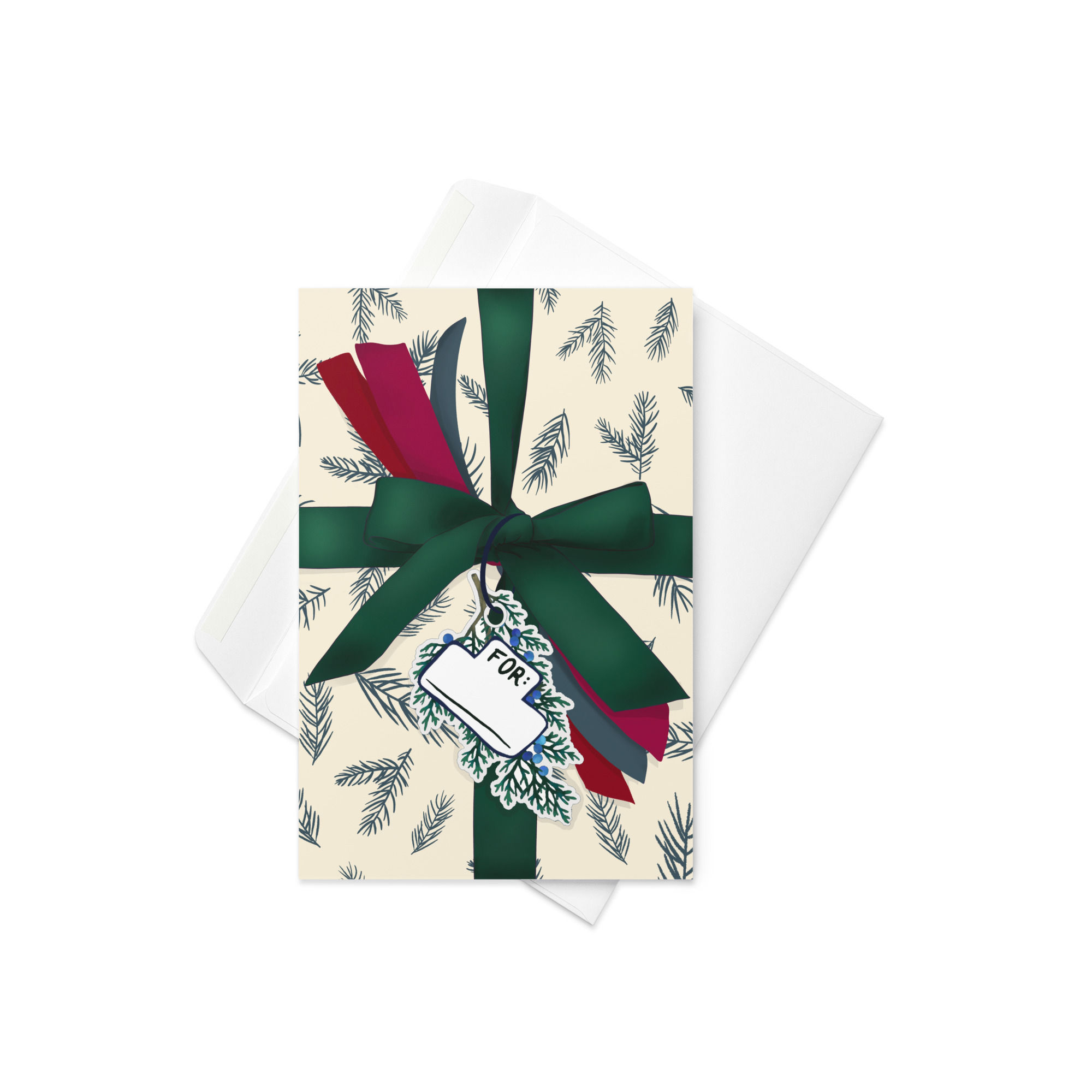 Evergreen holiday greeting card with festive ribbon and blank gift tag for handwriting the recipient's name.