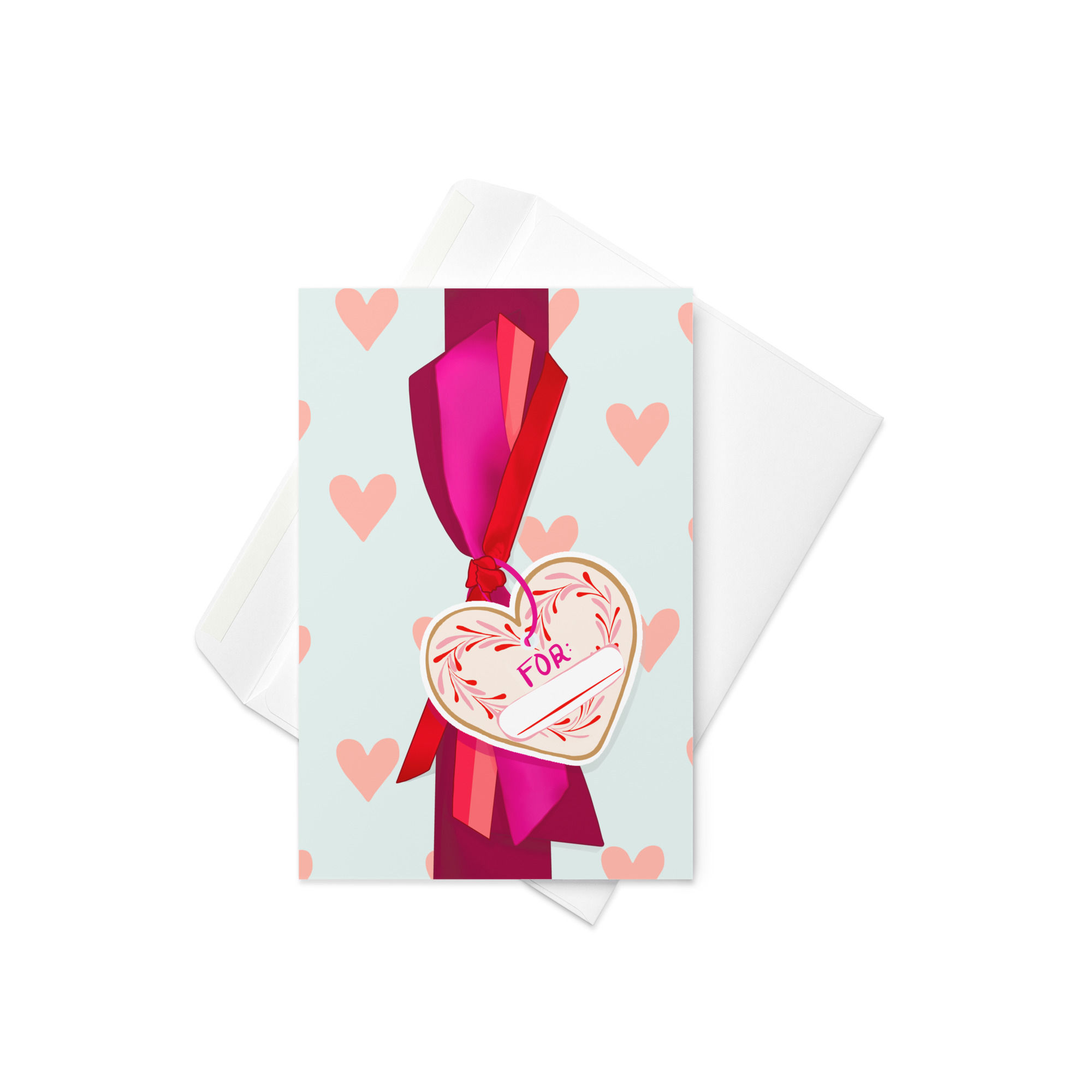 Heart cookie greeting card with decorative ribbon and blank gift tag for handwriting the recipient's name.