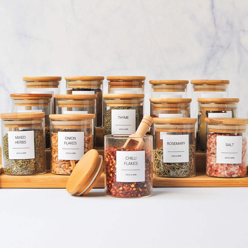 Thumbnail: Bamboo spice jars neatly arranged on bamboo shelf with labels applied