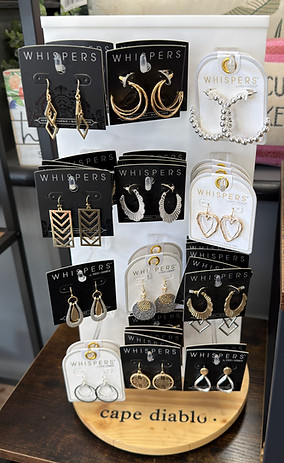 A display of Whispers earrings featuring a variety of earring styles in gold and silver.