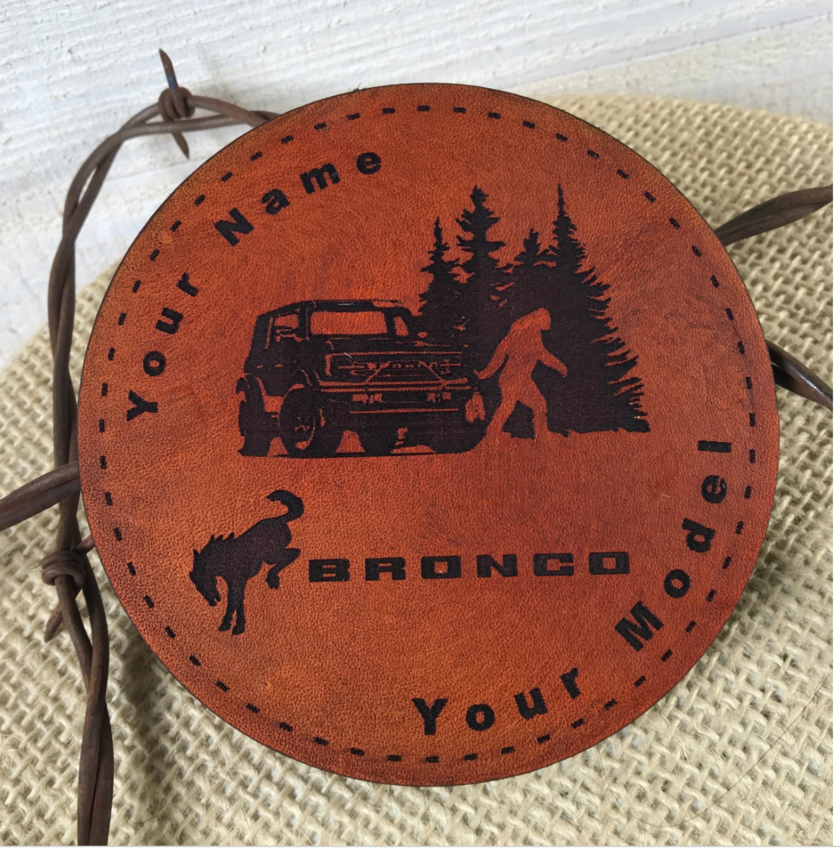 PERSONALIZED Leather Engraved Coaster Bronco Theme