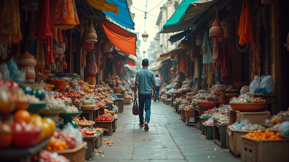 Eye-level view of a bustling Asian market filled with colorful textiles and goods