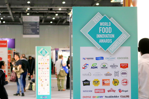 World Food Innovation Awards 2025 shortlisted company logo panel on display at IFE, the Internaitonal Food and Drink Event