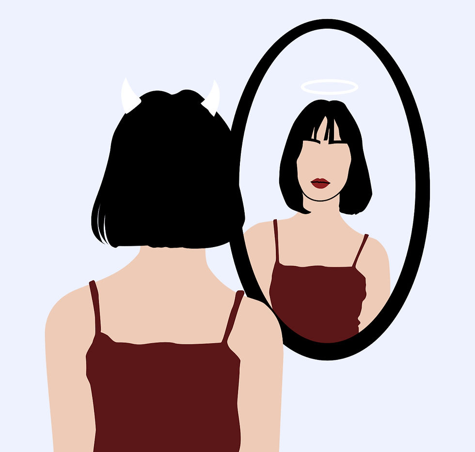 A woman with devil horns looking at herself in a mirror and in the mirror she has a halo