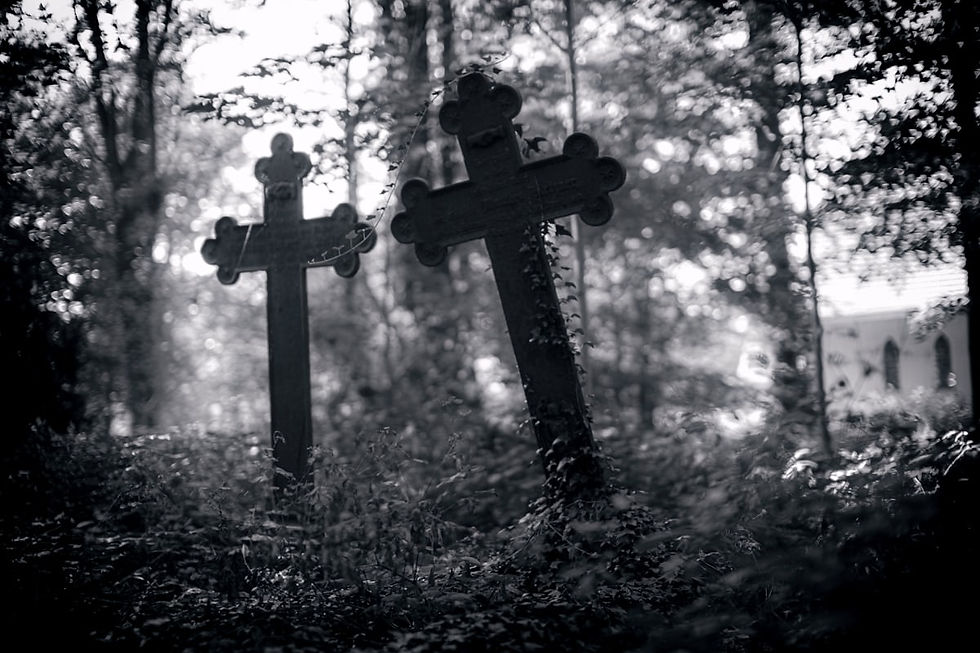 Two cross-shaped tombstone in a wooded area (black and white)