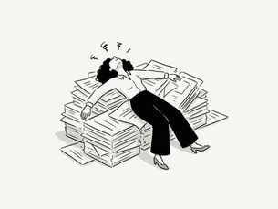 A drawing of a stressed out woman on top of a mountain of papers