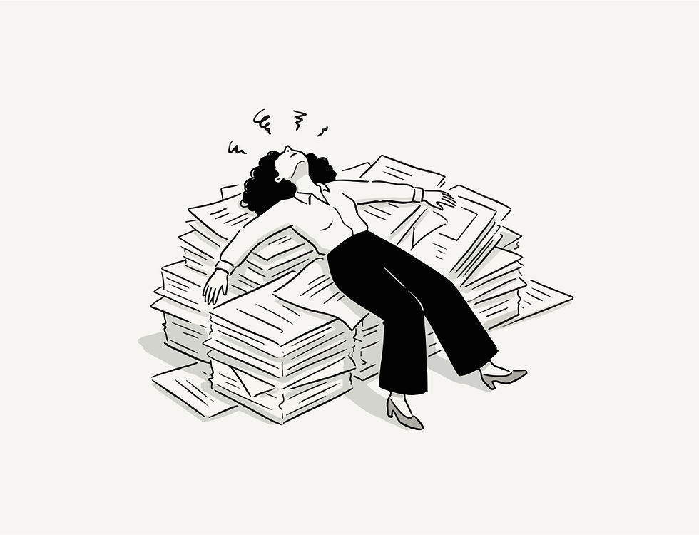 A drawing of a stressed out woman on top of a mountain of papers