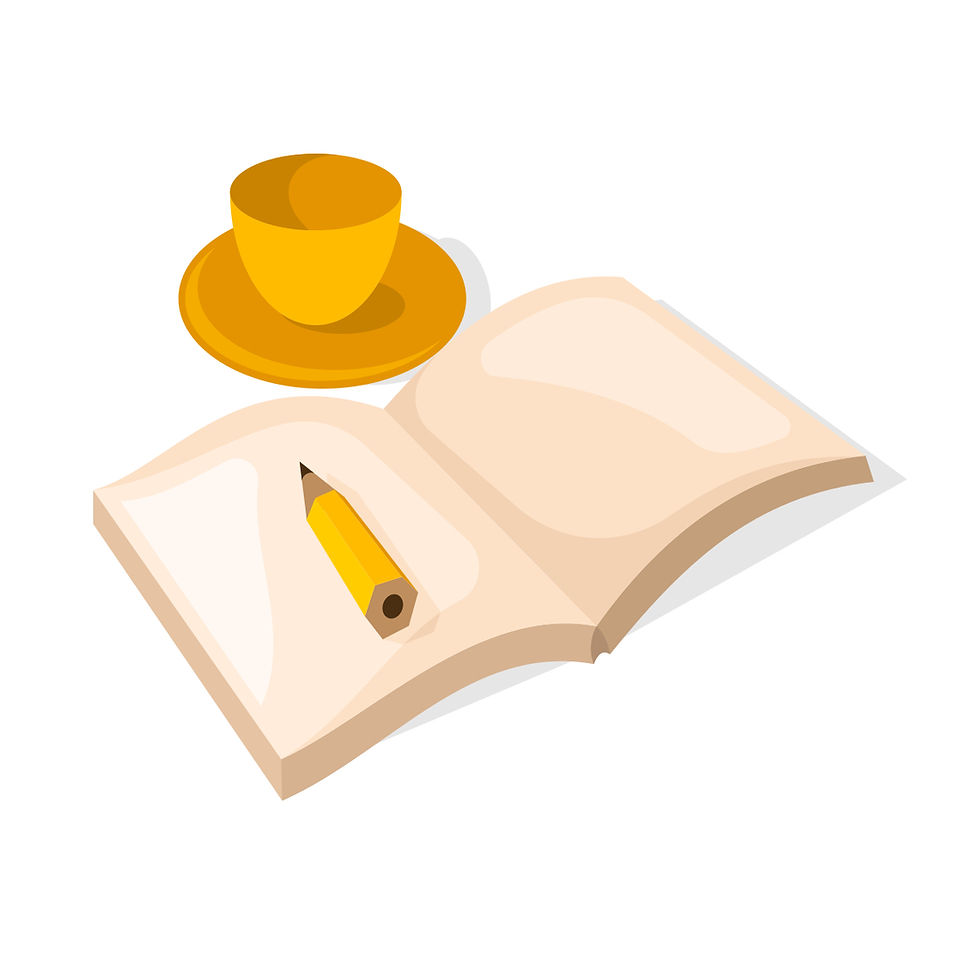 A notebook, pencil, and coffee cup