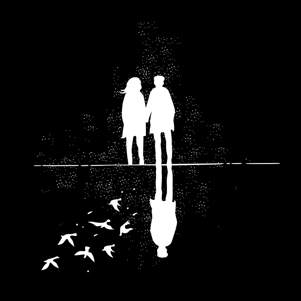A white silhouette of two people holding hands on a black background with birds and rain
