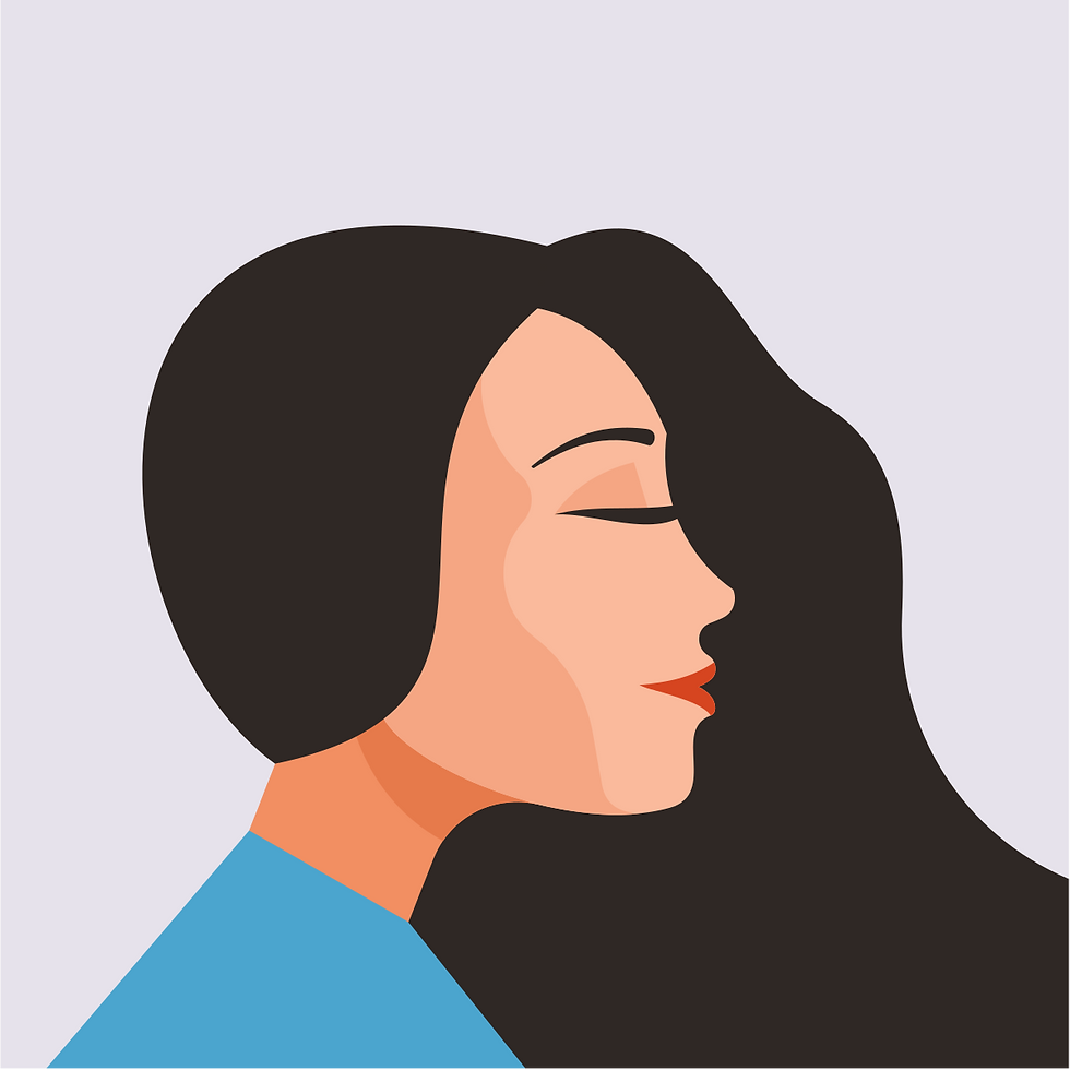 A side profile of a woman with brown hair wearing a blue shirt