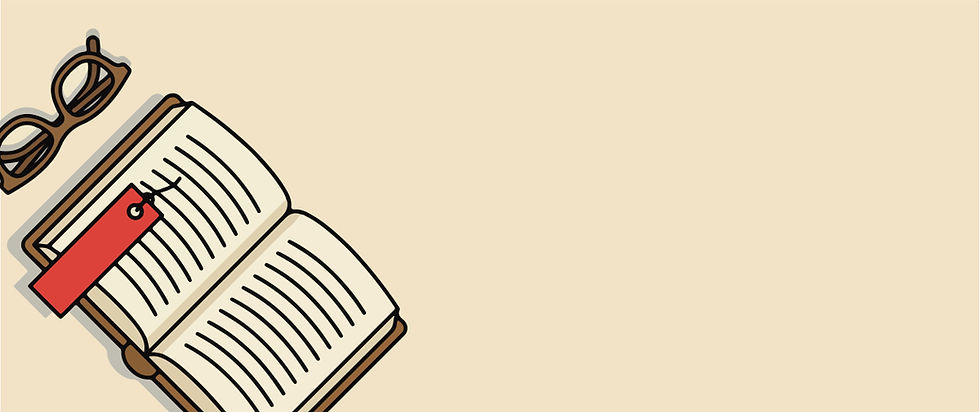 An open book on a beige background with a red bookmark and pair of glasses