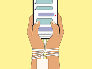 Illustration of Conceptual Hands Bound by Charger Cables Plugging into a Smartphone