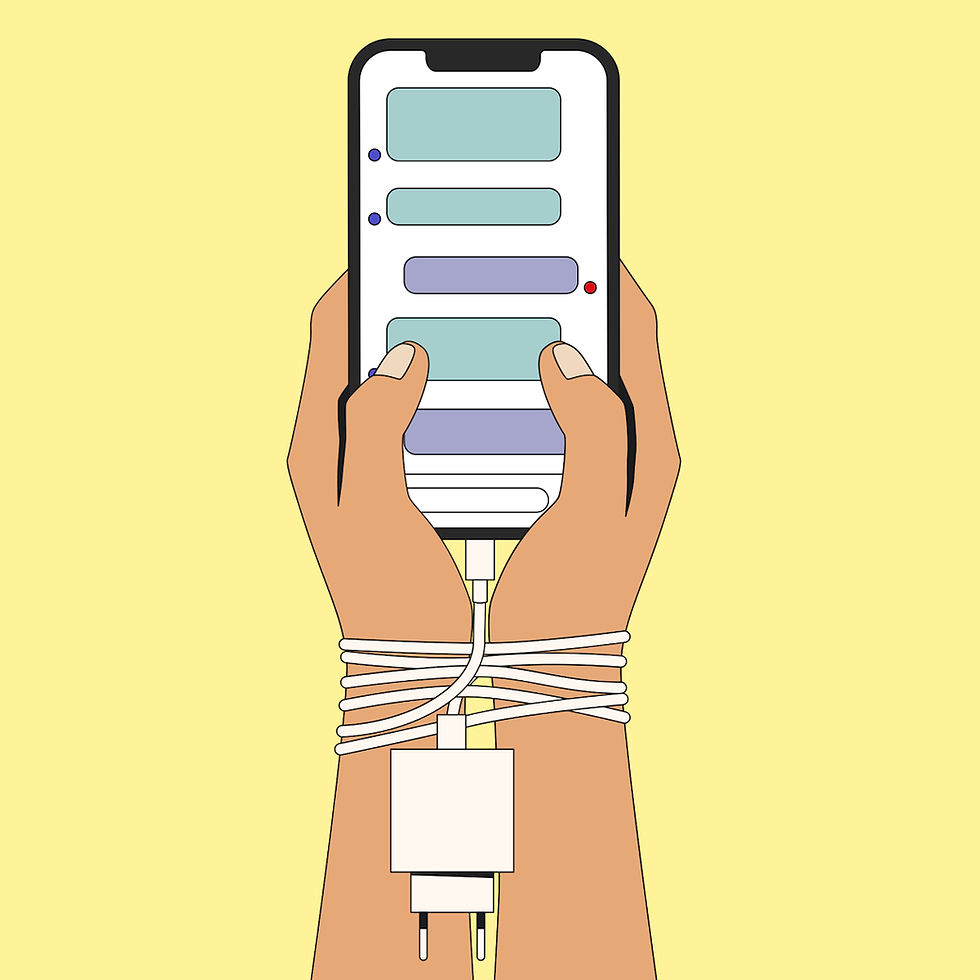 Illustration of Conceptual Hands Bound by Charger Cables Plugging into a Smartphone